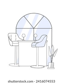 Linear interior illustration of high chairs and table with two wine glasses on it and arched window at the background. Vector illustration