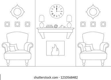 Linear interior living room with fireplace. Outline style room. Vector illustration.