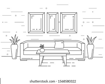 Linear interior. Sofa, table, plants. Vector illustration in a linear style.