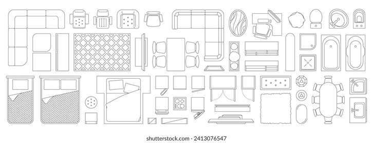 Linear interior top view icons. Office and home room floor plan, overhead view of table and sofa, bed desk chair. Modern flat design icons. Vector set of interior furniture home illustration