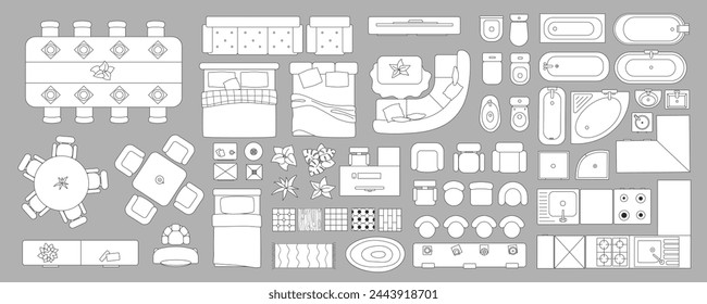 Linear interior in top view mega set in flat graphic design. Collection elements of outline apartment plan with kitchen, dining, bedroom, living room, bathroom and other objects. Vector illustration.