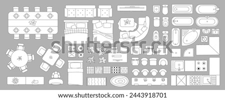 Linear interior in top view mega set in flat graphic design. Collection elements of outline apartment plan with kitchen, dining, bedroom, living room, bathroom and other objects. Vector illustration.