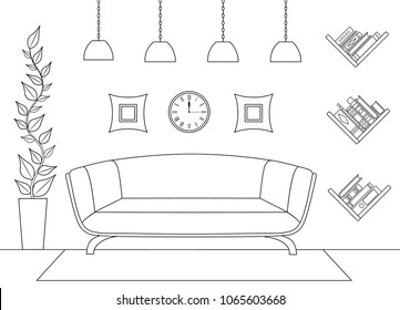 Linear interior. Vector. Front view. Schematic placement of furniture and details in the room.