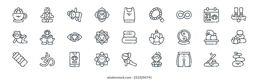 linear international day of icon pack. vector thin line incense, chakras, triangle, calendar, manipura, hot stones, yoga, stones icons suitable for apps and websites ui designs