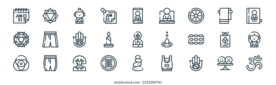 linear international day of icon pack. vector thin line balance, manipura, buddha, towel, candle, meditation, stone, ohm icons suitable for apps and websites ui designs