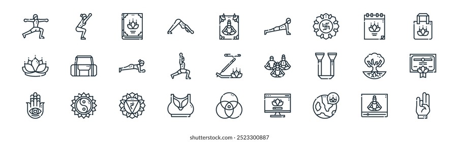 dia internacional linear do pacote de ícones. vetor linha fina ioga, pose de ioga, livro, calendário, pose de ioga, certificado, soul, mudra ícones adequados para aplicativos e sites desenhos de iu