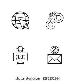 Linear Internet, Hacker, Crime, Spam Vector Illustration Of 4 outline Icons. Editable Pack Of Internet, Hacker, Crime, Spam
