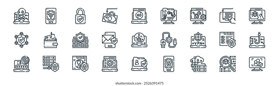 linear internet security icon pack. vector thin line scan, wifi, padlock, clickbait, email, fishing, folders, control icons suitable for apps and websites ui designs