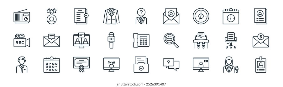 linear interview icon pack. vector thin line reporter, rating, approval, appointment, microphone, salary, document, id card icons suitable for apps and websites ui designs