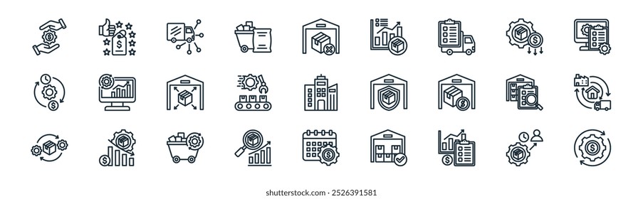 pacote de ícone de gerenciamento de inventário linear. vetor linha fina lead time, melhor preço, distribuição, reduzir custo, linha de montagem, cadeia de suprimentos, fiscal, ícones de fluxo de dinheiro adequado para aplicativos e sites ui