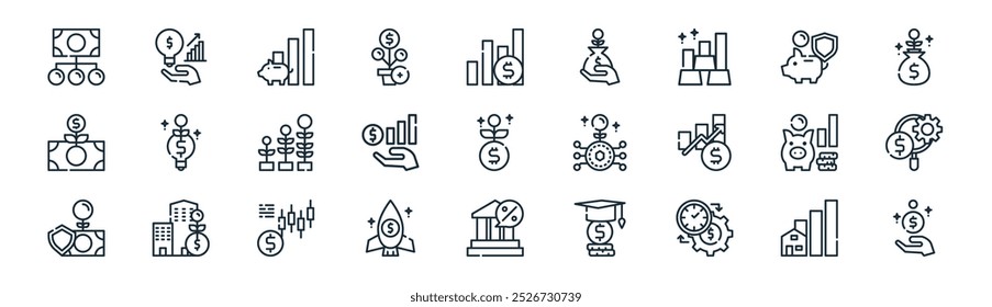 Vector de línea delgada hogar, bulbo, crecimiento, ahorro, gráfico, hallazgo, banco, iconos de tasa adecuados para App y Sitios web UI diseños