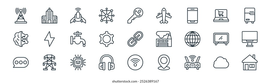 linear iot icon pack. vector thin line cloud, company, uav, ecommerce, gear, computer, wifi, house icons suitable for apps and websites ui designs
