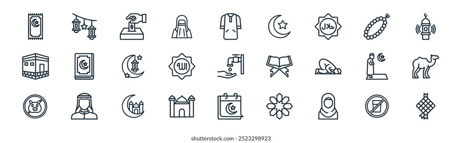 lineares islam ícone pack. vetor linha fina jejum, lanterna, zakat, tasbih, allah, camelo, calendário, ícones de ramadan adequado para aplicativos e sites projetos de iu