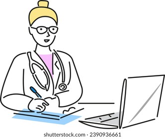 linear isolated character design. Flat color illustration. Hand drawn doodles. medicine, medical, female, practitioner, health, patient, professional, stethoscope, hospital, doctor