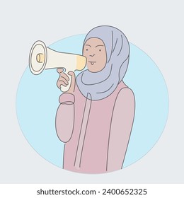 linear isolated character design. Flat color illustration. Hand drawn doodles. megaphone, woman, girl, muslim, loudspeaker, islamic, speaker, traditional. hand drawn, not AI