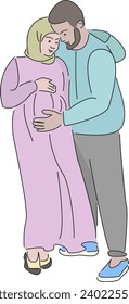 linear isolated character design. Flat color illustration. Hand drawn doodles. parent, couple, husband, mother, female, pregnant, expecting, tummy, love. hand drawn, not AI