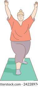 linear isolated character design. Flat color illustration. Hand drawn doodles. female, overweight, fat, sport, yoga, fitness, gymnastic, workout, obese. hand drawn, not AI