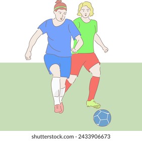 linear isolated character design. Flat color illustration. Hand drawn doodles. sport, action, people, female, ball, soccer, women, stadium, football, two. hand drawn, not AI
