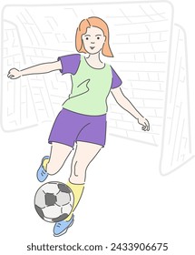 linear isolated character design. Flat color illustration. Hand drawn doodles. sport, game, ball, football, girl, athlete, player, goal, soccer, fun. hand drawn, not AI