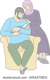 linear isolated character design. Flat color illustration. Hand drawn doodles. man, family, muslim, young, happy, mother, cheerful, child, father, woman, happiness. hand drawn, not AI