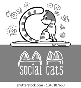 Linear isolated ink vector, cat sitting on a smartphone. Symbols of social networks, likes, sms, messages, wi-fi, letters, hashtag, mustache, tail and unique lettering. Art for logo, icons, websites 