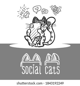 Linear isolated ink vector, cat looking into smartphone. Symbols of social networks, likes, sms, messages, wi-fi, letters, hashtag, mustache, tail and unique lettering. Art for logo, icons, websites