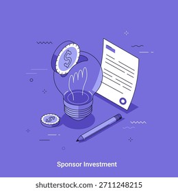 Ilustración vectorial isométrica lineal. Bombilla con moneda de dólar como metáfora de una buena idea para la inversión. Patrocinio de proyectos para innovación y desarrollo creativo de negocios.