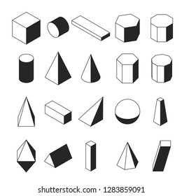 Linear isometric geomtric shapes. Black and white objects. Simple math icons. Vector illustration.