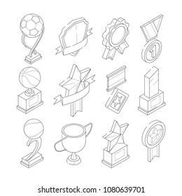 Linear isometric icon set of various sport trophies