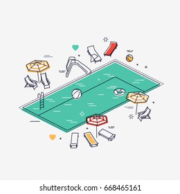 Linear isometric swimming pool with chaise lounges, parasol umbrellas, beach balls and more. Flat line vector concept design on summer leisure activity, swimming, sunbathing and relaxing