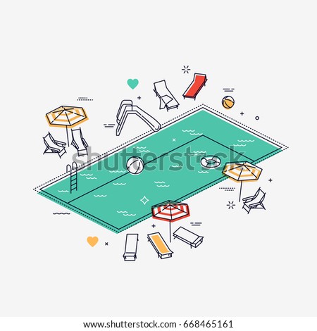 Linear isometric swimming pool with chaise lounges, parasol umbrellas, beach balls and more. Flat line vector concept design on summer leisure activity, swimming, sunbathing and relaxing