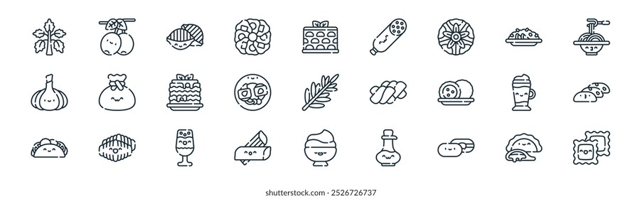 lineares italian food icon pack. vetor linha fina calzone, azeitonas, conchiglie, risotto, saltimbocca, cantuccini, mascarpone, ravioli ícones adequados para aplicativos e sites