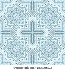 Linear italian maiolica tile seamless ornament. Geometric texture vector swatch. Carpet print design. Stylish italian mayolica tilework recurrent pattern. Interior decoration print.