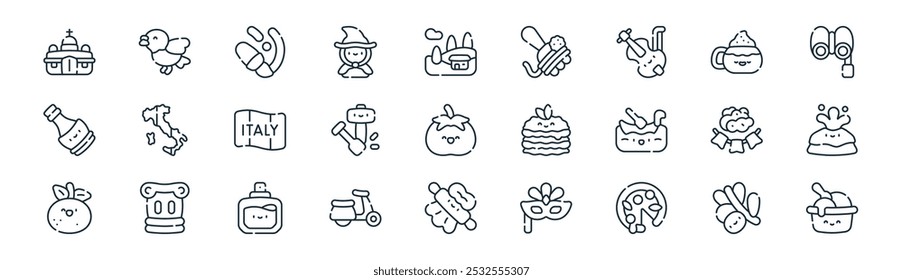 linear italy icon pack. vector thin line olive, pigeon, paint, cappuccino, sculpture, volcano, dough, ice cream icons suitable for apps and websites ui designs