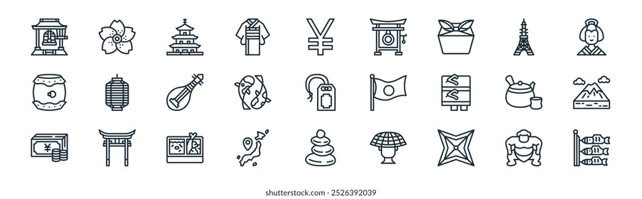 lineares japão ícone pack. vetor linha fina sumo, sakura, pagoda, , koi fish, fuji, pedras, koinobori ícones adequados para aplicativos e sites ui designs