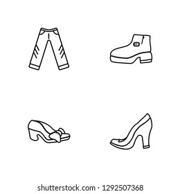Linear Jeans, Ballets Flats, Leather Chelsea Boots, High Heels Vector Illustration Of 4 outline Icons. Editable Pack Of Jeans, Ballets Flats, Leather Chelsea Boots, High Heels