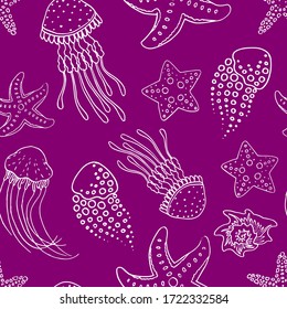 Linear jellyfish on purple backdrop. Starfish seamless pattern for wallpaper, wrap paper, sleeper, bath tile, apparel or bed linen. Phone case or cloth print. Doodle style stock vector illustration