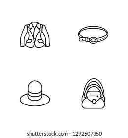 Linear Jersey Blazer, Men Hat, Belt, Bag Vector Illustration Of 4 outline Icons. Editable Pack Of Jersey Blazer, Men Hat, Belt, Bag