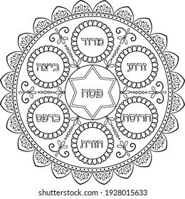 linear Jewish Passover holiday mandala. black Vector illustration on transparent with Hebrew text Passover, ritual plate with Hebrew text - egg, shank bone, charoset, horse-radish, parsley, bitter herb