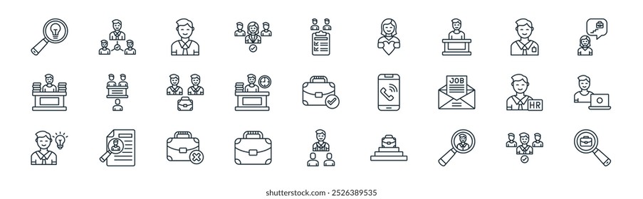 linear job search icon pack. vector thin line candidates, intermediary, manager, employer, part time, job, job interview, search icons suitable for apps and websites ui designs