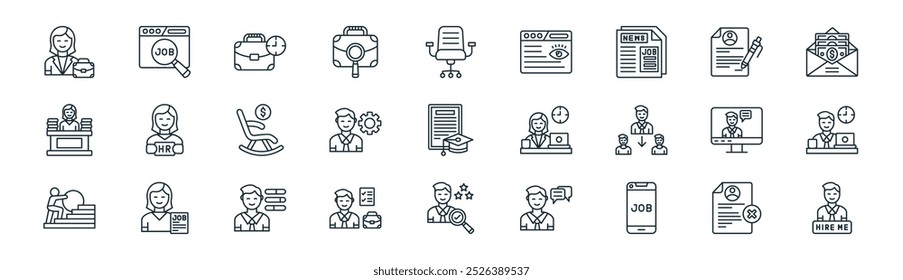 linear job search icon pack. vetor linha fina rejeitada, pesquisa de trabalho, experiência de trabalho, currículo, gerenciamento de equipe, homem de trabalho, talento, ícones de contratação adequados para aplicativos e sites