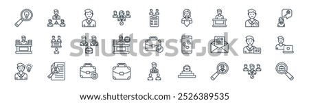 linear job search icon pack. vector thin line candidates, intermediary, manager, employer, part time, job, job interview, search icons suitable for apps and websites ui designs
