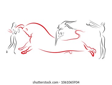 A linear jumping bull with people on a white background. Based on the fresco "game with the bulls" from the palace of Knossos of ancient Greece.