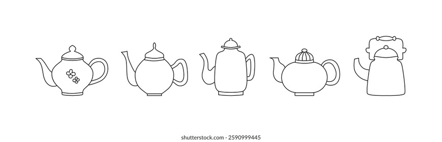 Linear kettles collection. Outline tea pot drawings. Line art. Kitchenware. Cozy home utensils. Vector.