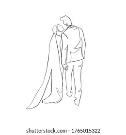 Linear kissing couple bride and groom in minimal style. One continuous line drawing lovers. Logo couple in love. Silhouette male and female. Vector design for Valentines day, wedding invitations.