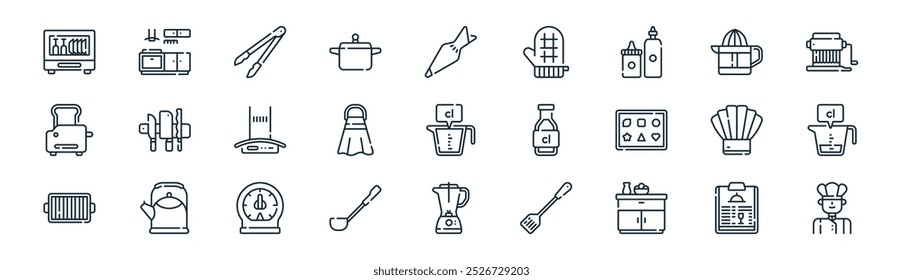 linear kitchen icon pack. vector thin line recipe, kitchen, tongs, citrus juicer, napkin, cl, blender, chef icons suitable for apps and websites ui designs