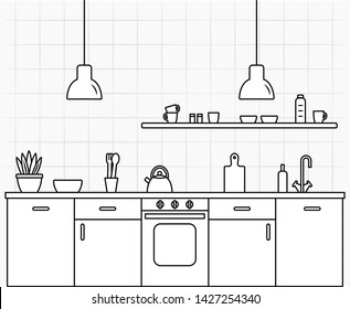 Linear kitchen vector illustration. Flat line art kitchen interior with furniture, plate, oven, shelf, kitchenware, teapot, cutting board, cups, bottles, houseplants, lamps.