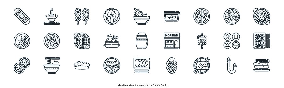 lineare koreanische Lebensmittel Ikonenpackung. Vektor dünne Linie Eis, koreanisch, Mais Hund, Bossam, dak gomtang, gimbap, songpyeon, hotteok Symbole für Apps und Websites ui Designs geeignet