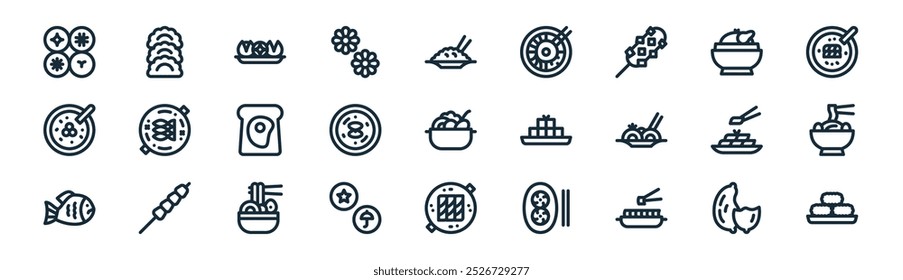 linear korean food icon pack. vector thin line sweet potato, mandu, chestnut, samgyetang, kauksu, kimchi, galbi, gangjeong icons suitable for apps and websites ui designs