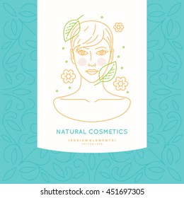 Linear label for natural cosmetics. Illustration of a girls head with healthy hair.